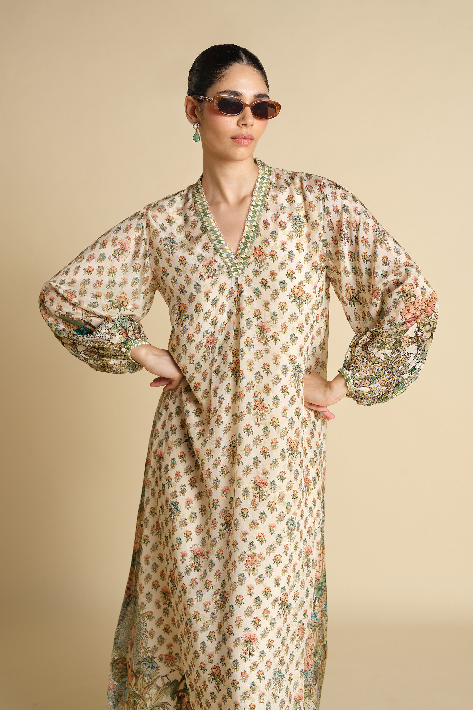 Fareeha Printed Kaftan - Ivory, Ivory, image 4